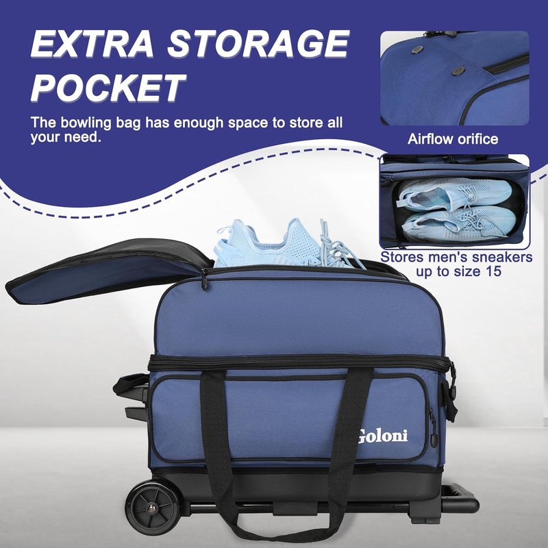 Goloni Double Roller 2 Ball Bowling Bag with Separate Shoe Compartment,2 Ball Bowling Bag with Wheels,Retractable Handle Extends to 40" - Image 4